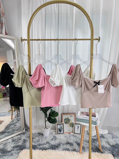 Puff Short Sleeves Deep Square Neck Crop Tops